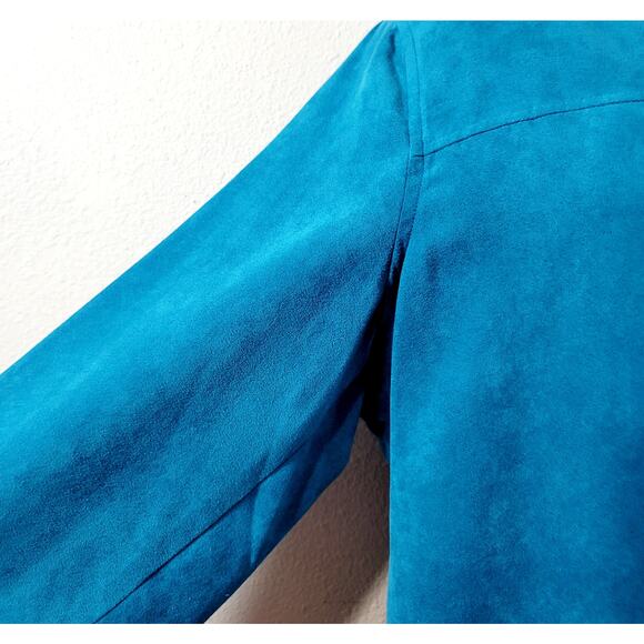 Draper's & Damon's Blue Teal Suede Button Up Blazer Large Band Collar Soft - Picture 5 of 8